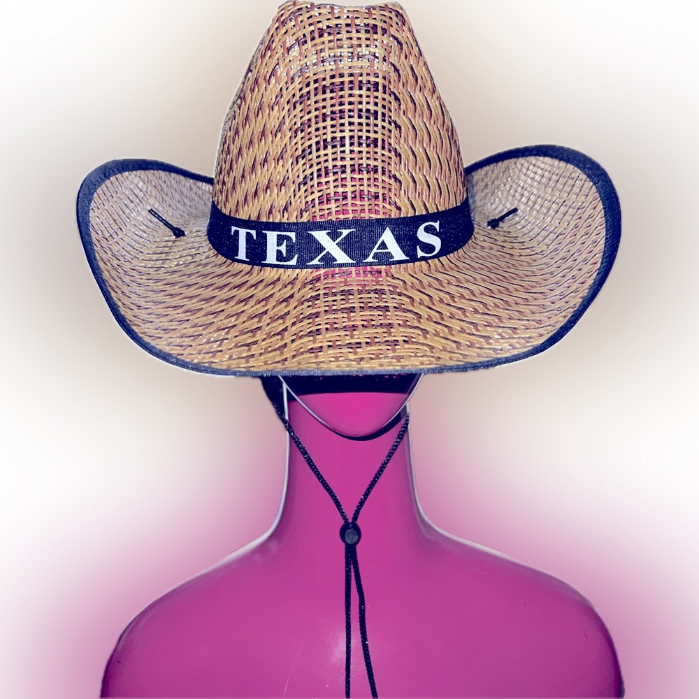 Texas Straw Cowboy Hat - navy blue trim